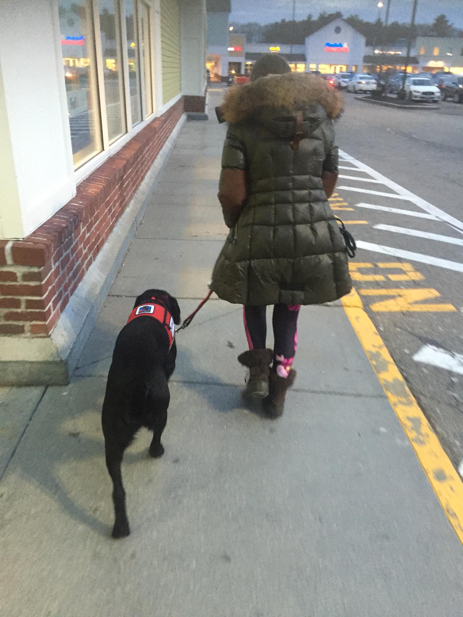 A picture from behind of Barrett walking alongside his partner, who is wearing a big green winter coat, along a sidewalk at a strip mall